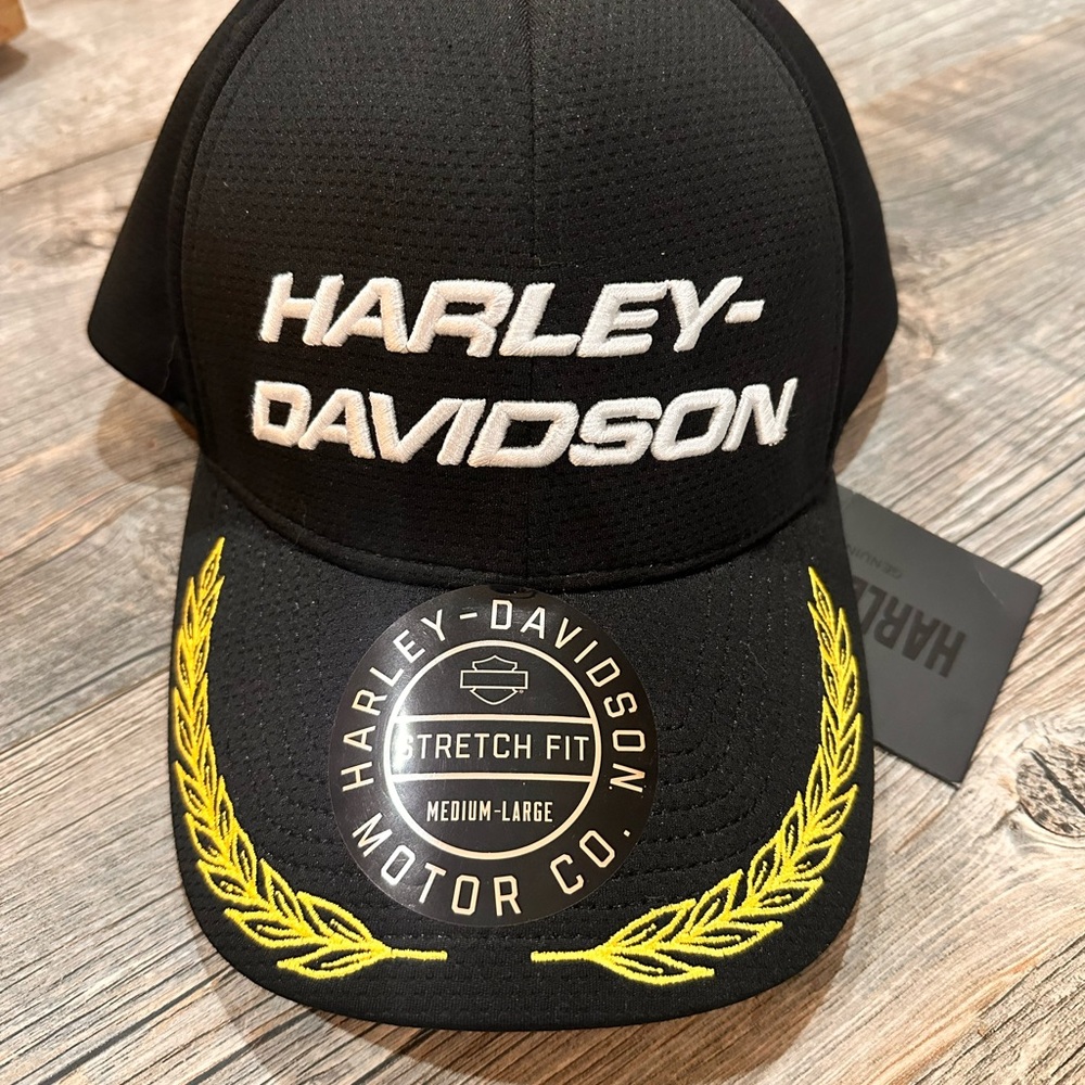 Harley-Davidson Black Cap with White Logo and Yellow Accents